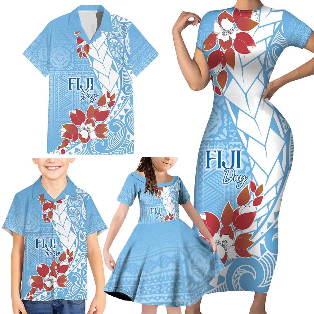 Bula Fiji Day Family Matching Short Sleeve Bodycon Dress and Hawaiian Shirt Tagimaucia on Masi Pattern - Turquoise