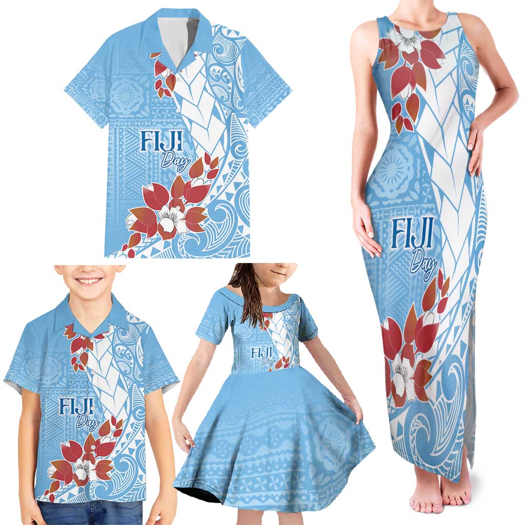 Bula Fiji Day Family Matching Tank Maxi Dress and Hawaiian Shirt Tagimaucia on Masi Pattern - Turquoise