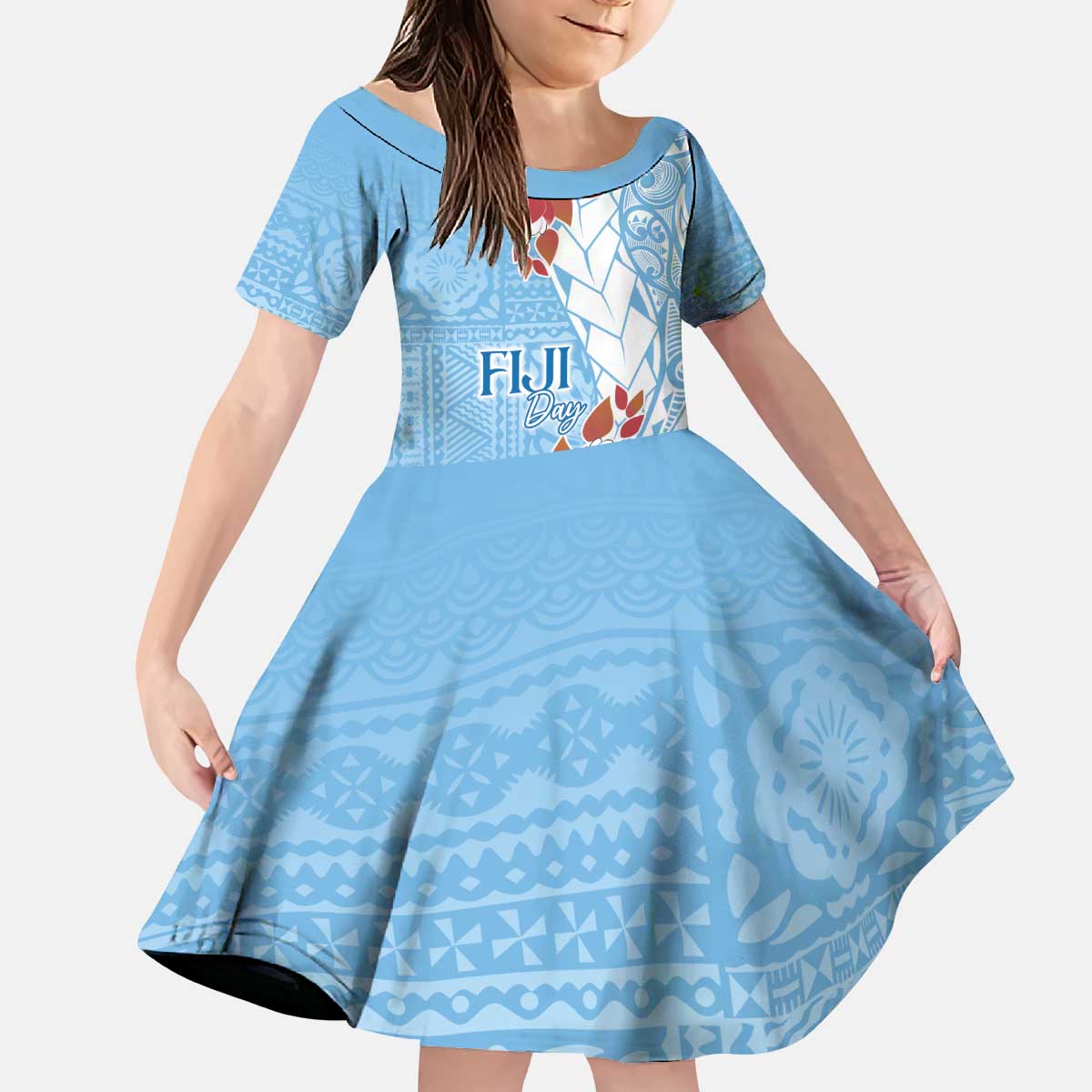 Bula Fiji Day Kid Short Sleeve Dress Tagimaucia on Masi Pattern - Turquoise LT7 KID Turquoise - Polynesian Pride