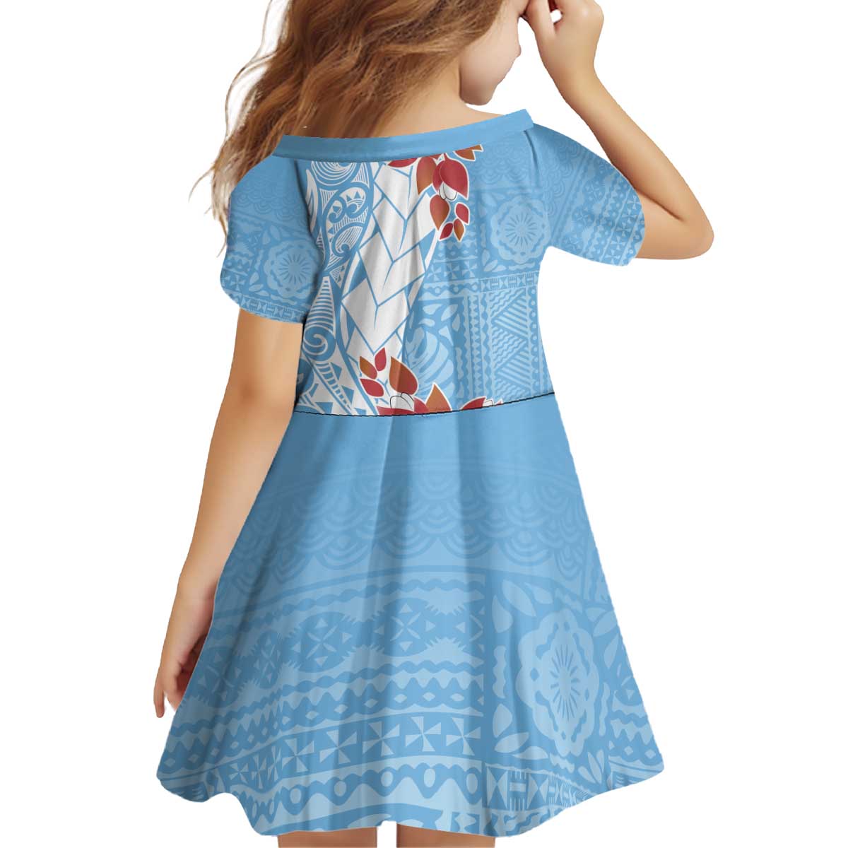 Bula Fiji Day Kid Short Sleeve Dress Tagimaucia on Masi Pattern - Turquoise LT7 - Polynesian Pride