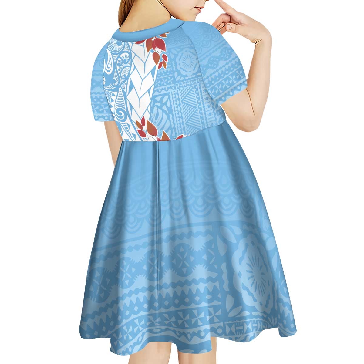 Bula Fiji Day Kid Short Sleeve Dress Tagimaucia on Masi Pattern - Turquoise LT7 - Polynesian Pride
