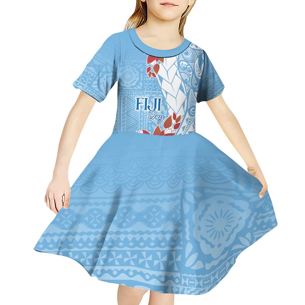 Bula Fiji Day Kid Short Sleeve Dress Tagimaucia on Masi Pattern - Turquoise LT7 - Polynesian Pride