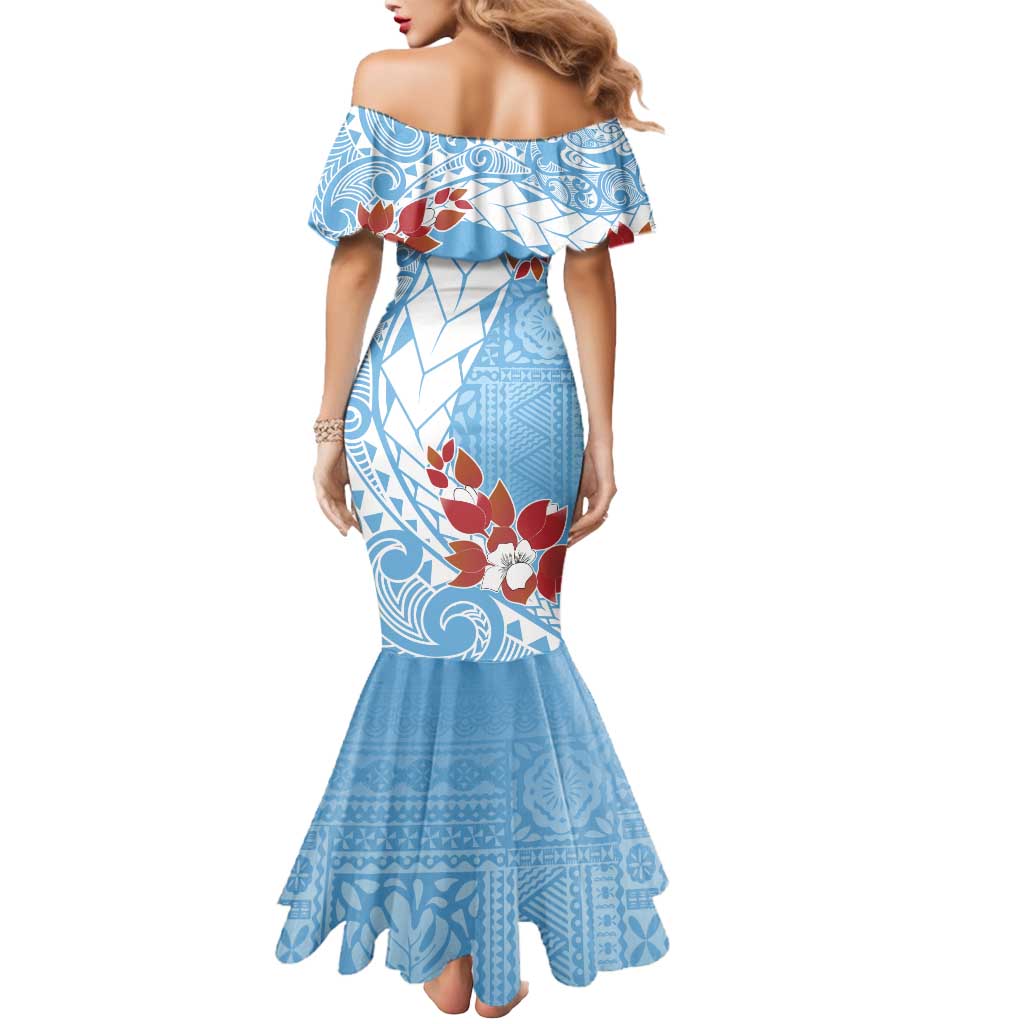 Bula Fiji Day Mermaid Dress Tagimaucia on Masi Pattern - Turquoise LT7 - Polynesian Pride