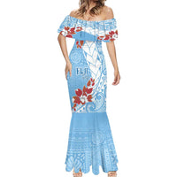 Bula Fiji Day Mermaid Dress Tagimaucia on Masi Pattern - Turquoise LT7 - Polynesian Pride