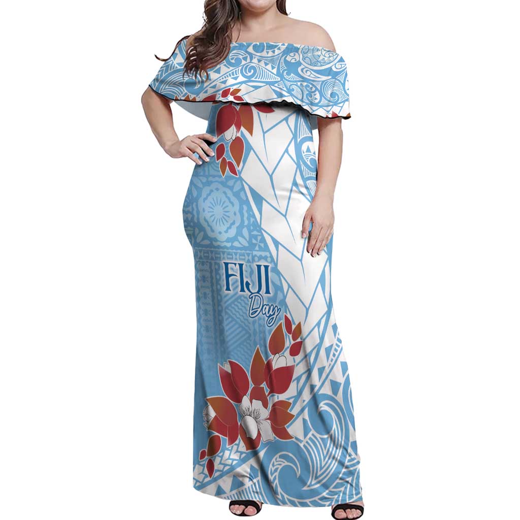 Bula Fiji Day Off Shoulder Maxi Dress Tagimaucia on Masi Pattern - Turquoise LT7 Women Turquoise - Polynesian Pride