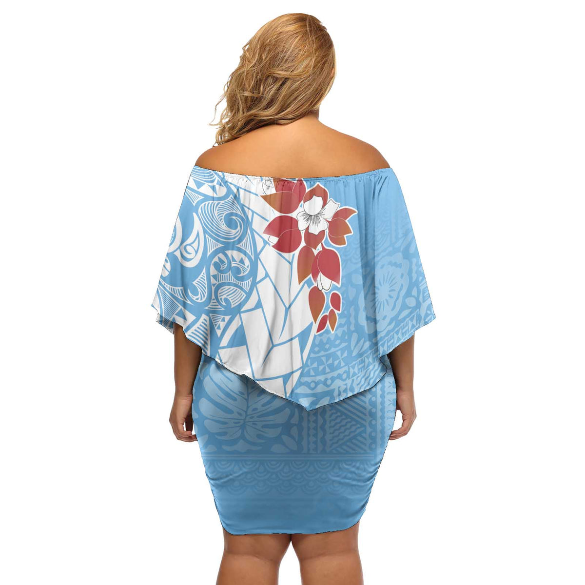 Bula Fiji Day Off Shoulder Short Dress Tagimaucia on Masi Pattern - Turquoise LT7 - Polynesian Pride