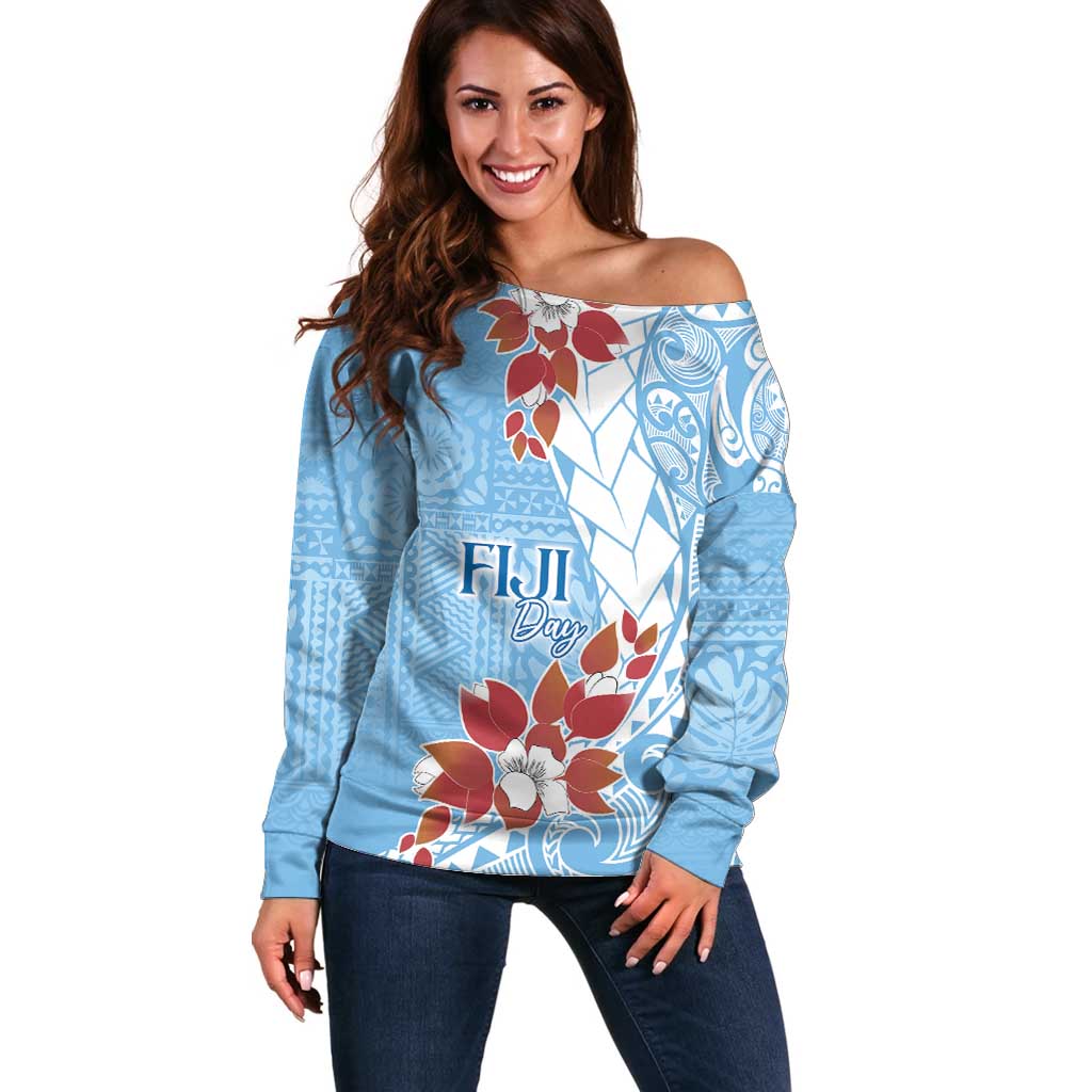 Bula Fiji Day Off Shoulder Sweater Tagimaucia on Masi Pattern - Turquoise LT7 Women Turquoise - Polynesian Pride