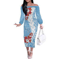 Bula Fiji Day Off The Shoulder Long Sleeve Dress Tagimaucia on Masi Pattern - Turquoise LT7 Women Turquoise - Polynesian Pride