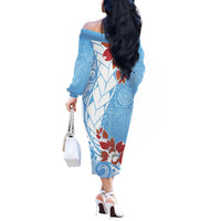 Bula Fiji Day Off The Shoulder Long Sleeve Dress Tagimaucia on Masi Pattern - Turquoise LT7 - Polynesian Pride