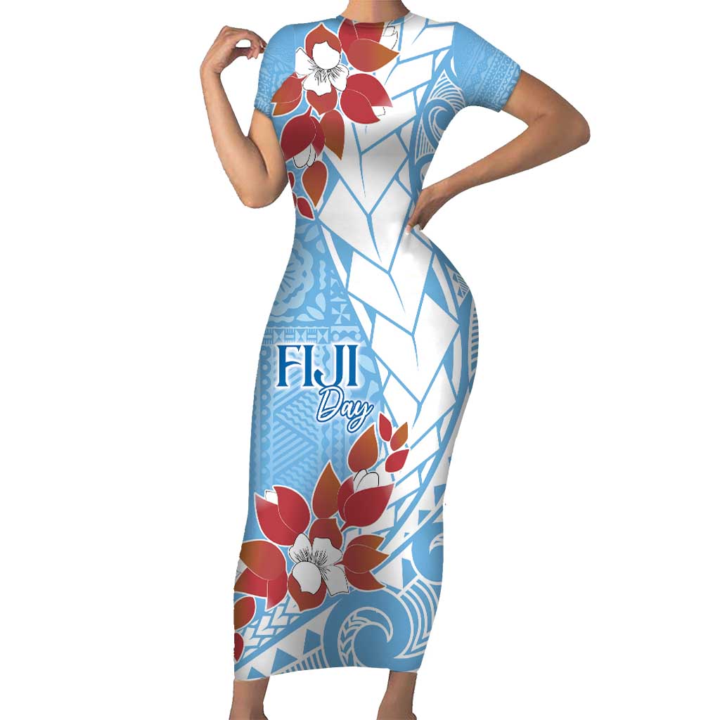 Bula Fiji Day Short Sleeve Bodycon Dress Tagimaucia on Masi Pattern - Turquoise LT7 Long Dress Turquoise - Polynesian Pride