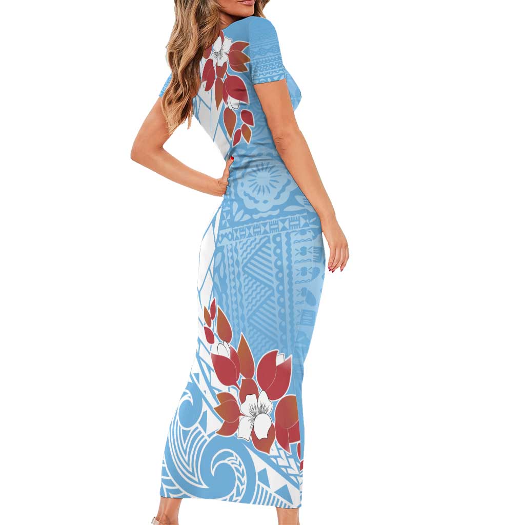 Bula Fiji Day Short Sleeve Bodycon Dress Tagimaucia on Masi Pattern - Turquoise LT7 - Polynesian Pride