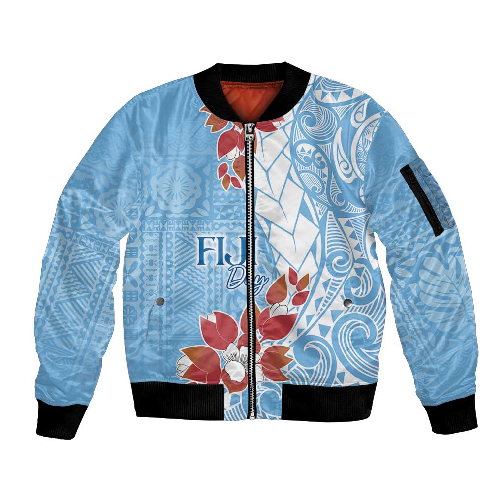 Bula Fiji Day Sleeve Zip Bomber Jacket Tagimaucia on Masi Pattern - Turquoise LT7 Unisex Turquoise - Polynesian Pride