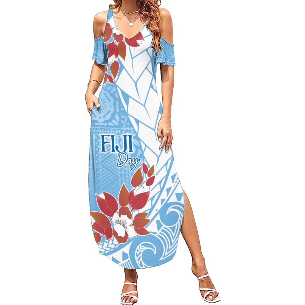 Bula Fiji Day Summer Maxi Dress Tagimaucia on Masi Pattern - Turquoise LT7 Women Turquoise - Polynesian Pride