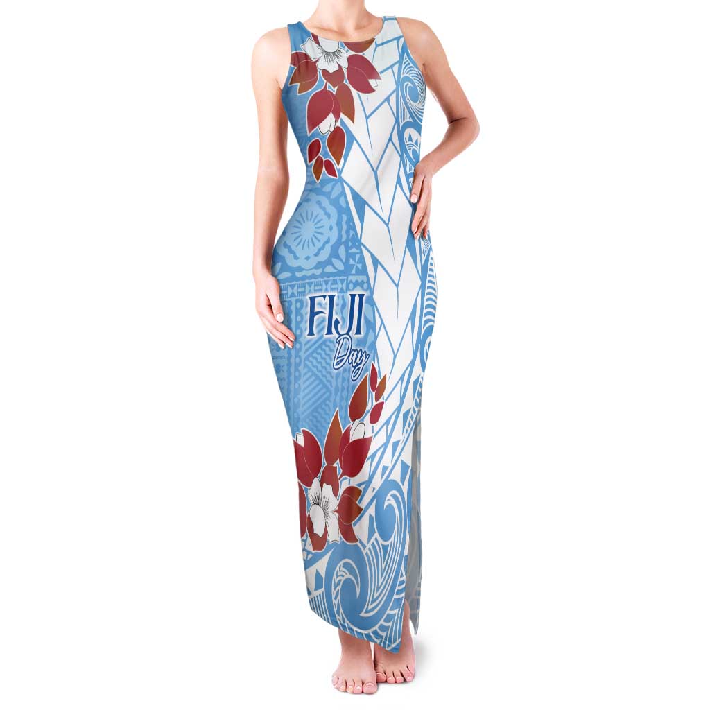 Bula Fiji Day Tank Maxi Dress Tagimaucia on Masi Pattern - Turquoise LT7 Women Turquoise - Polynesian Pride