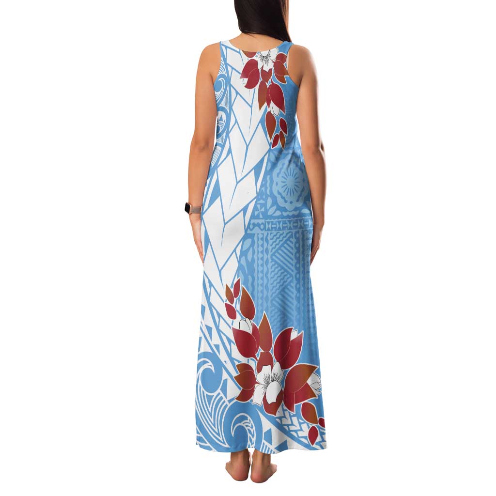 Bula Fiji Day Tank Maxi Dress Tagimaucia on Masi Pattern - Turquoise LT7 - Polynesian Pride