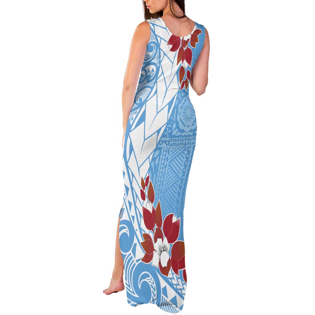 Bula Fiji Day Tank Maxi Dress Tagimaucia on Masi Pattern - Turquoise LT7 - Polynesian Pride