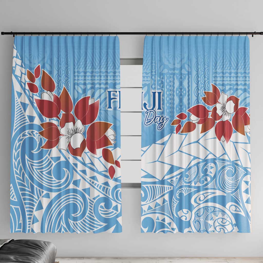 Bula Fiji Day Window Curtain Tagimaucia on Masi Pattern - Turquoise LT7 With Hooks Turquoise - Polynesian Pride