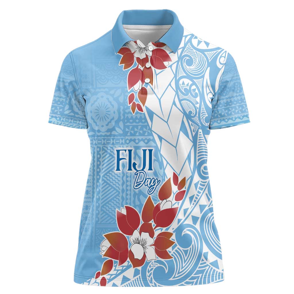 Bula Fiji Day Women Polo Shirt Tagimaucia on Masi Pattern - Turquoise