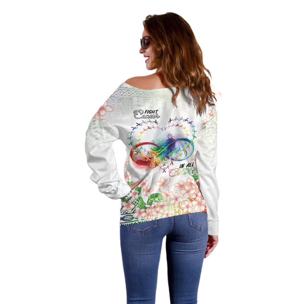 Fight Cancer In All Colors Off Shoulder Sweater Plumeria Mix Tapa Pattern