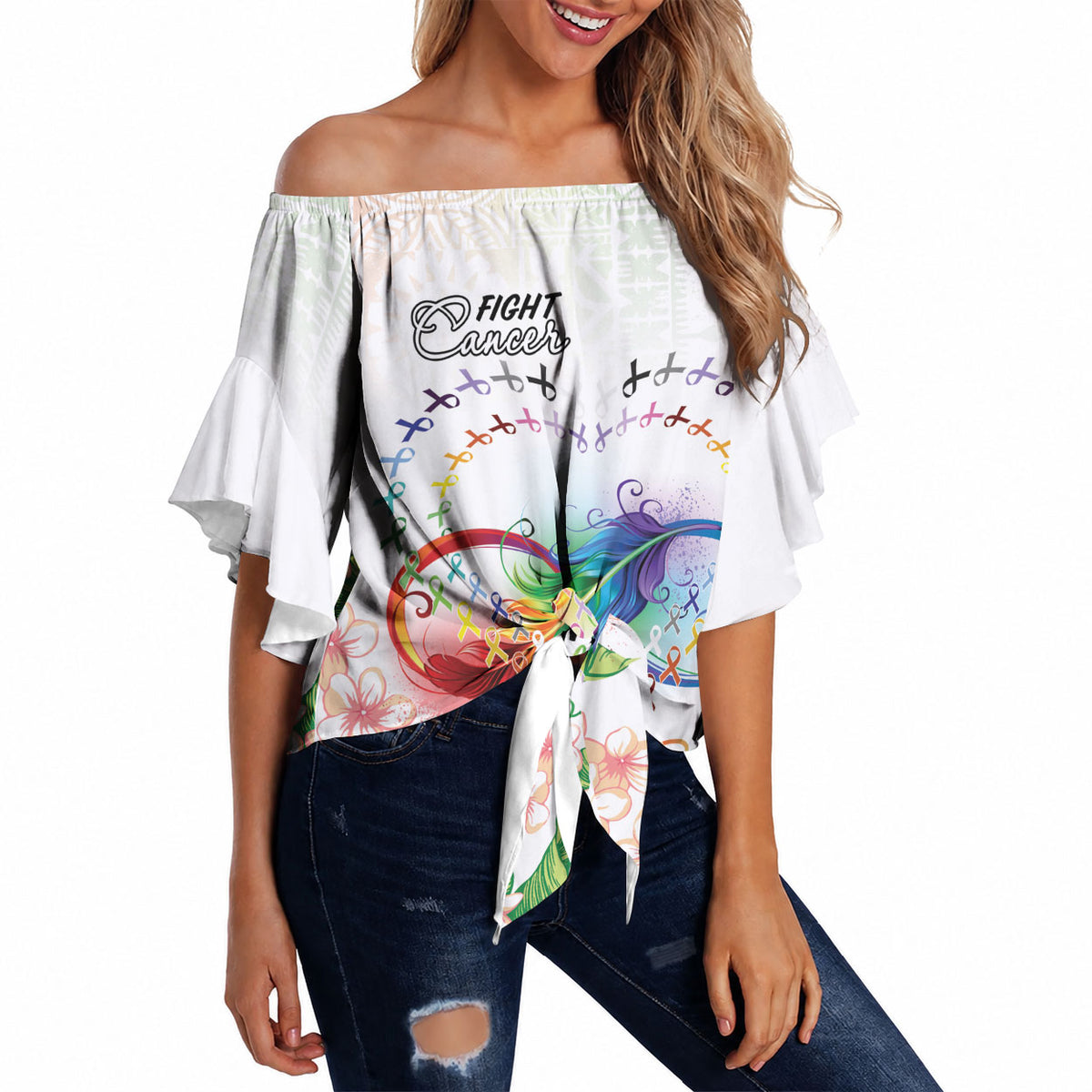 Fight Cancer In All Colors Off Shoulder Wrap Waist Top Plumeria Mix Tapa Pattern LT7 White - Polynesian Pride