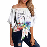 Fight Cancer In All Colors Off Shoulder Wrap Waist Top Plumeria Mix Tapa Pattern LT7 White - Polynesian Pride