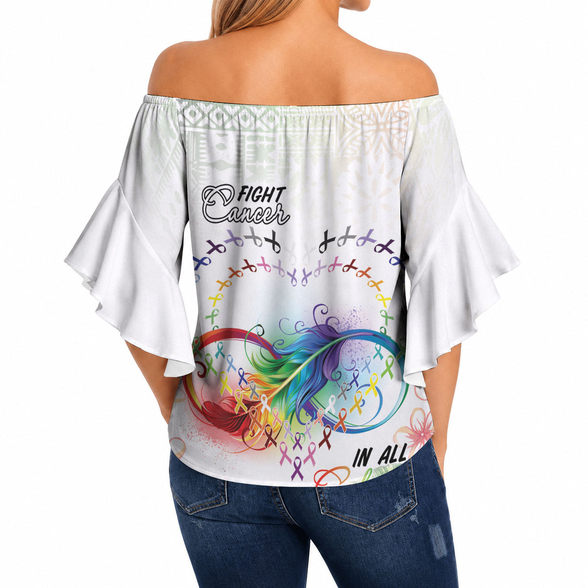 Fight Cancer In All Colors Off Shoulder Wrap Waist Top Plumeria Mix Tapa Pattern LT7 - Polynesian Pride