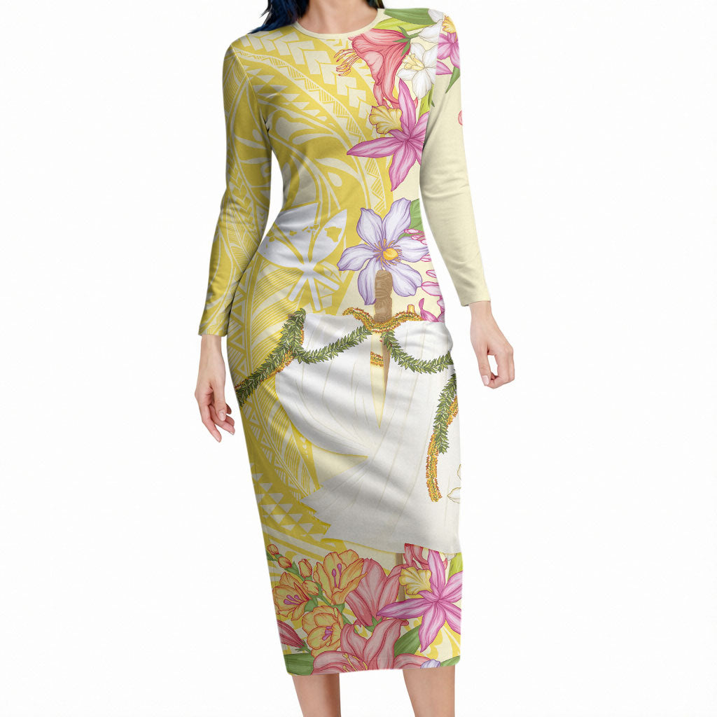 Aloha Hawaii Kanaka Makahiki Long Sleeve Bodycon Dress Akua Loa - Festive Golden Sand LT7 Long Dress Sandy Yellow - Polynesian Pride