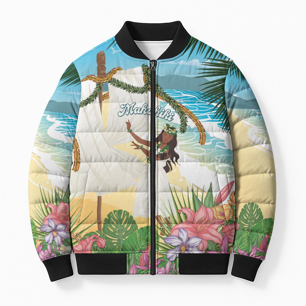 Aloha Hawaii Makahiki Hula Dance Bomber Puffer Jacket Beach Scenery