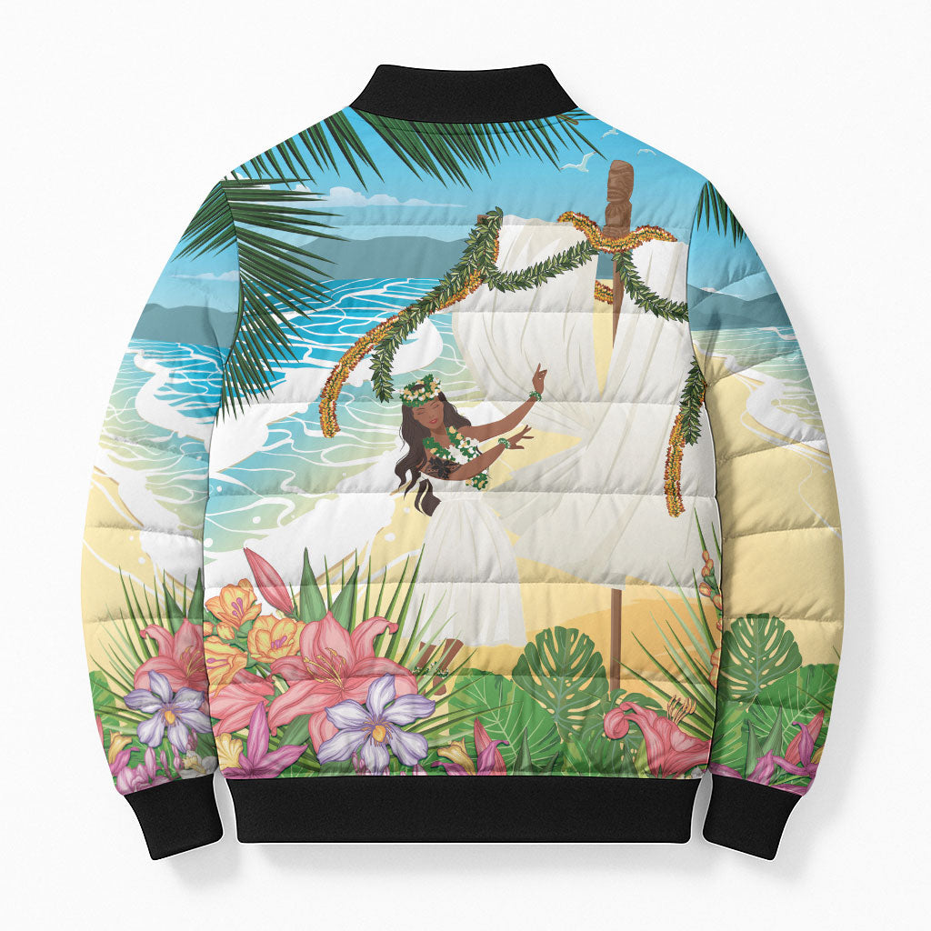 Aloha Hawaii Makahiki Hula Dance Bomber Puffer Jacket Beach Scenery
