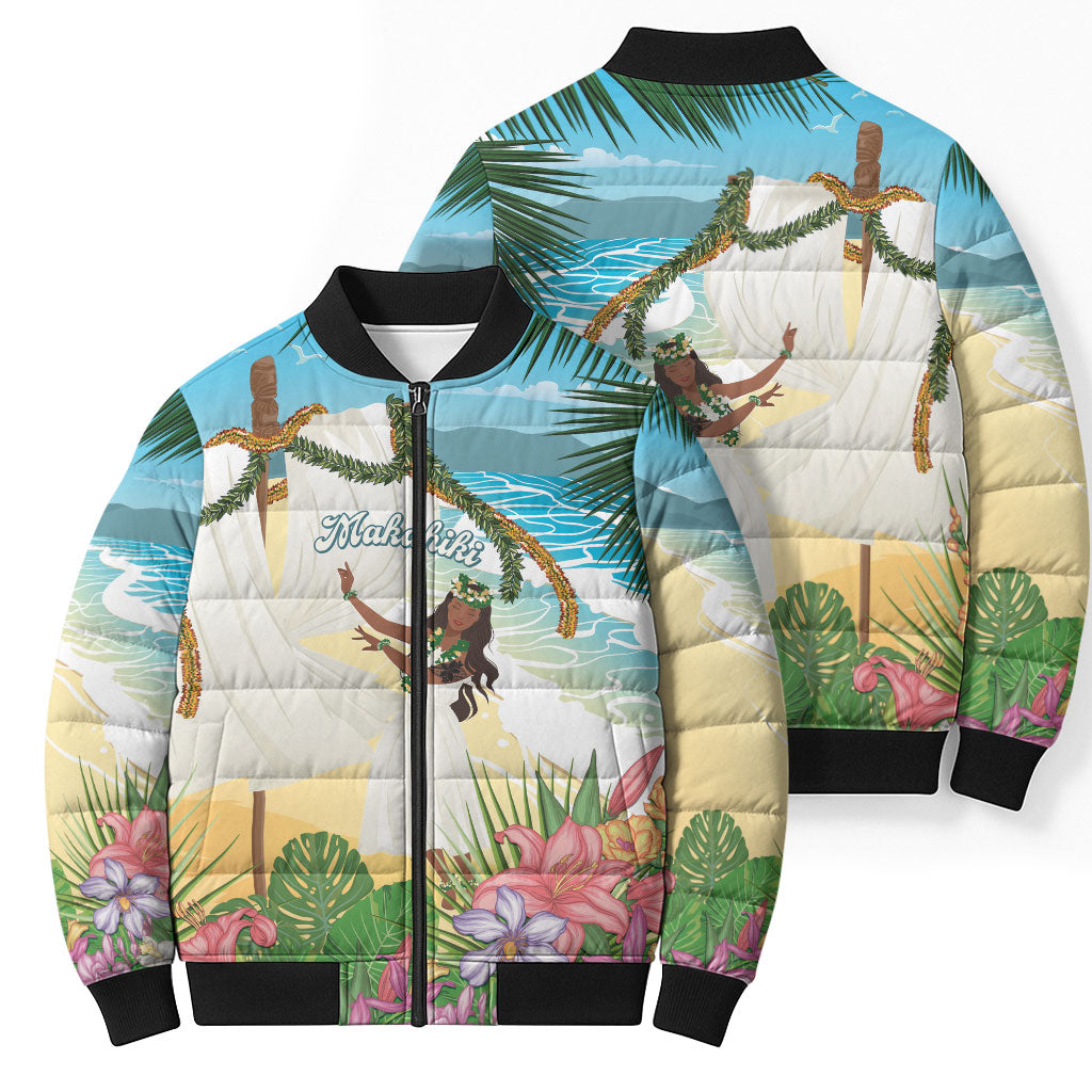 Aloha Hawaii Makahiki Hula Dance Bomber Puffer Jacket Beach Scenery