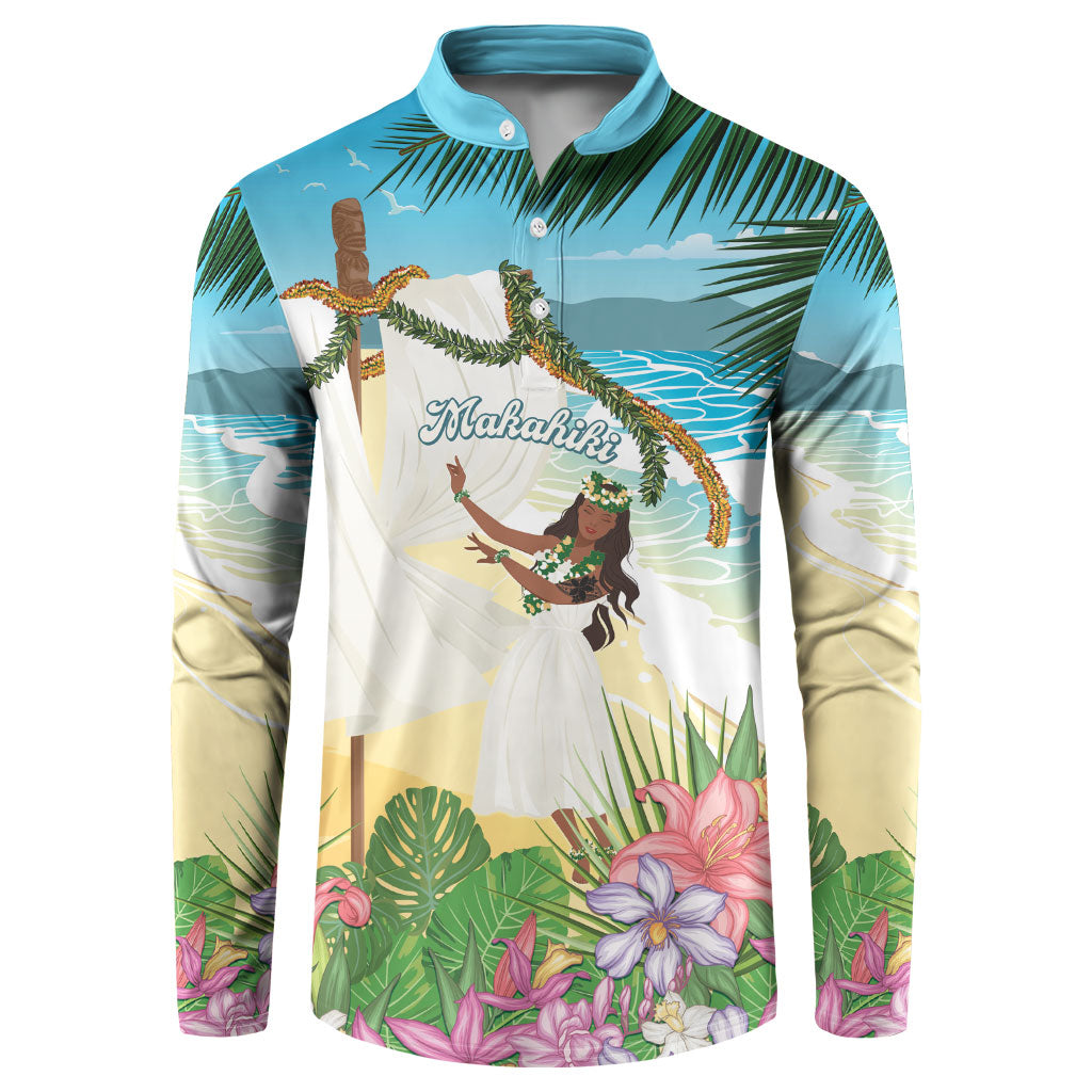Aloha Hawaii Makahiki Hula Dance Button Sweatshirt Beach Scenery