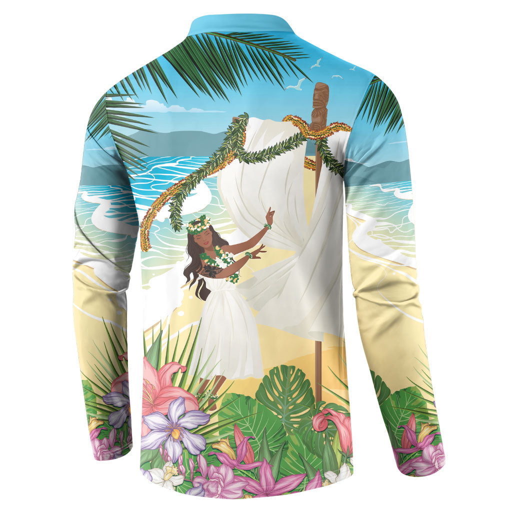 Aloha Hawaii Makahiki Hula Dance Button Sweatshirt Beach Scenery