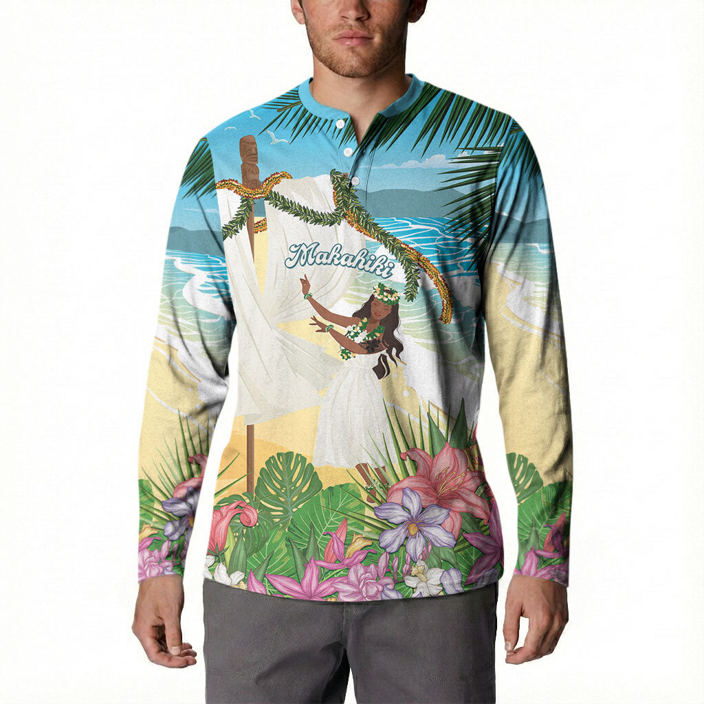 Aloha Hawaii Makahiki Hula Dance Button Sweatshirt Beach Scenery
