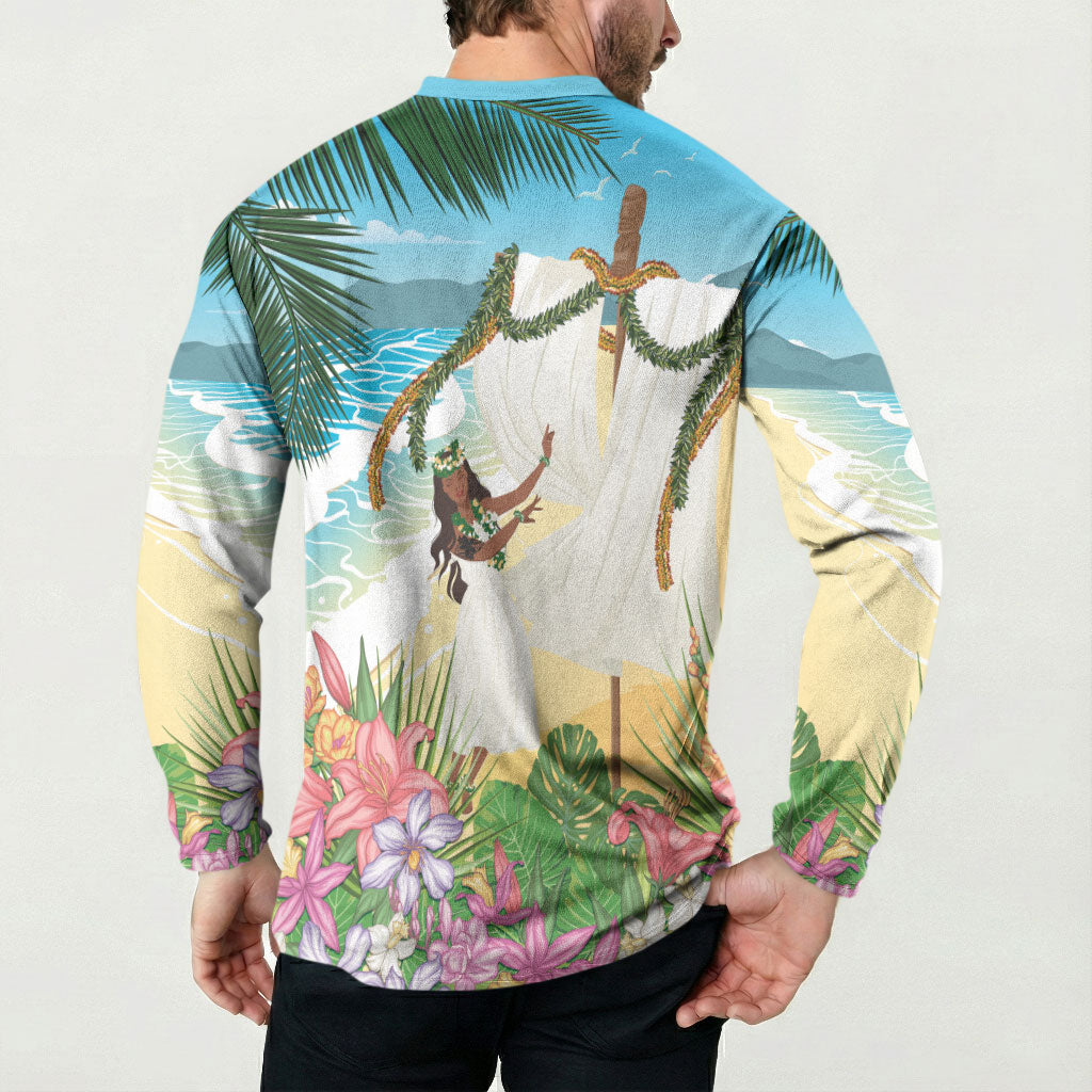 Aloha Hawaii Makahiki Hula Dance Button Sweatshirt Beach Scenery