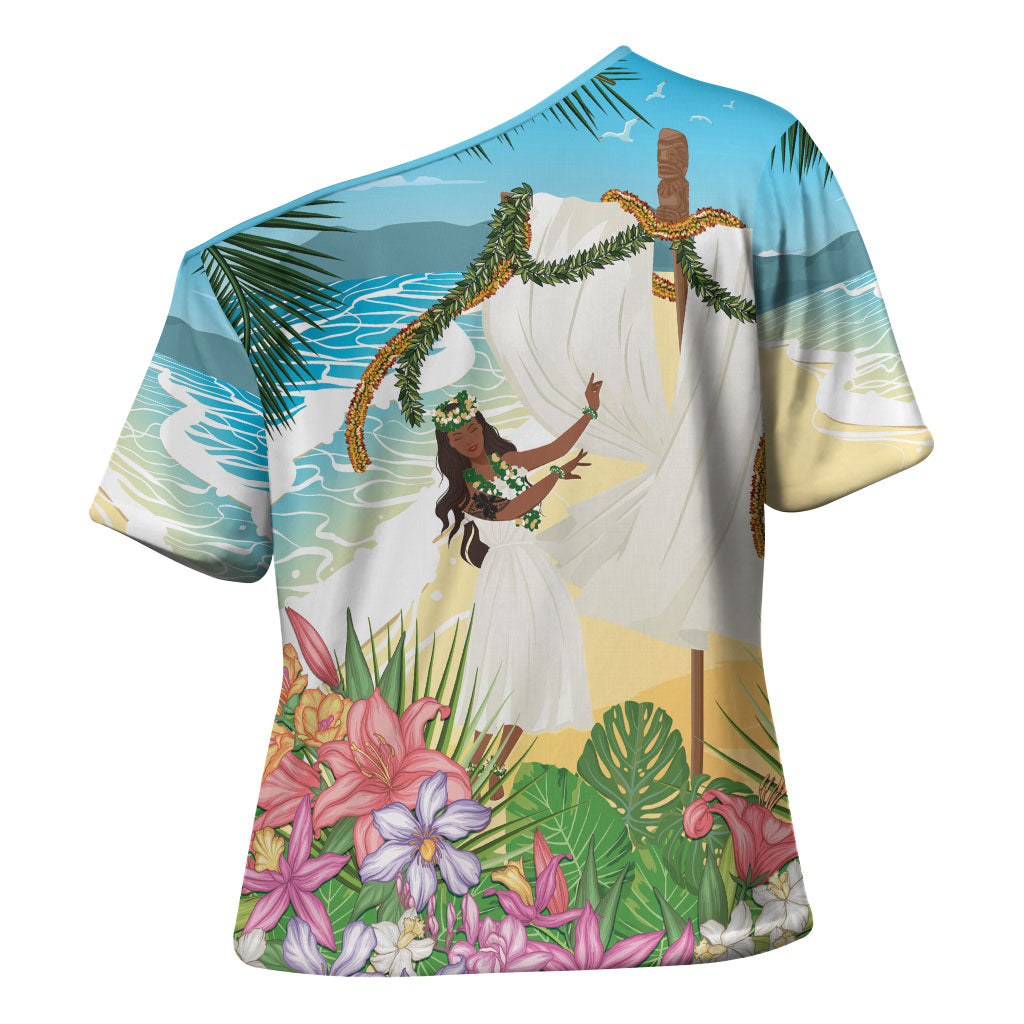 Aloha Hawaii Makahiki Hula Dance Cross Shoulder Shirt Beach Scenery