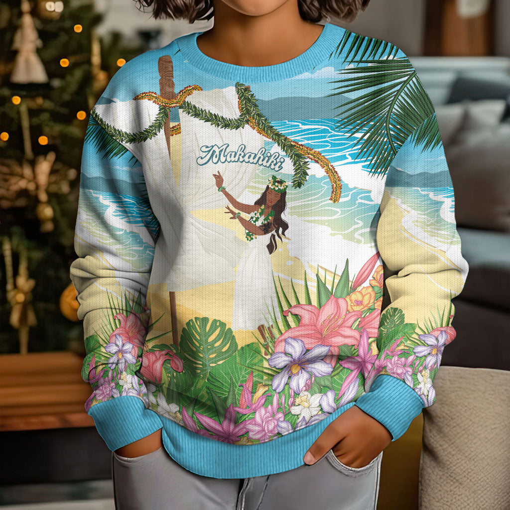 Aloha Hawaii Makahiki Hula Dance Kid Ugly Christmas Sweater Beach Scenery