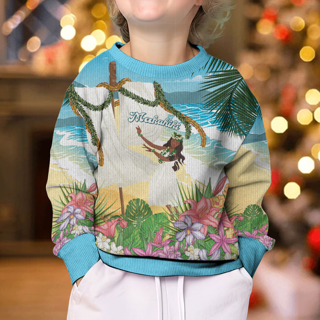Aloha Hawaii Makahiki Hula Dance Kid Ugly Christmas Sweater Beach Scenery