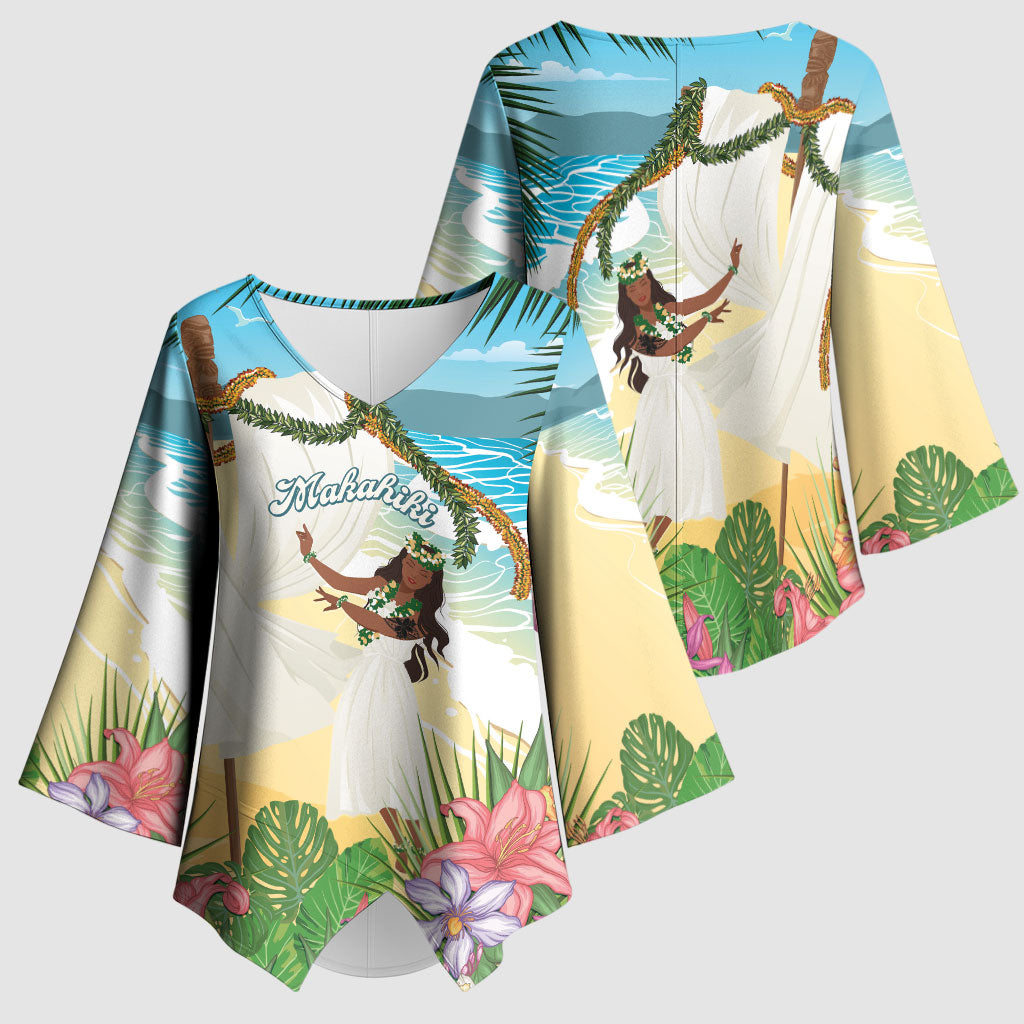 Aloha Hawaii Makahiki Hula Dance Kimono Sleeve Blouse Beach Scenery