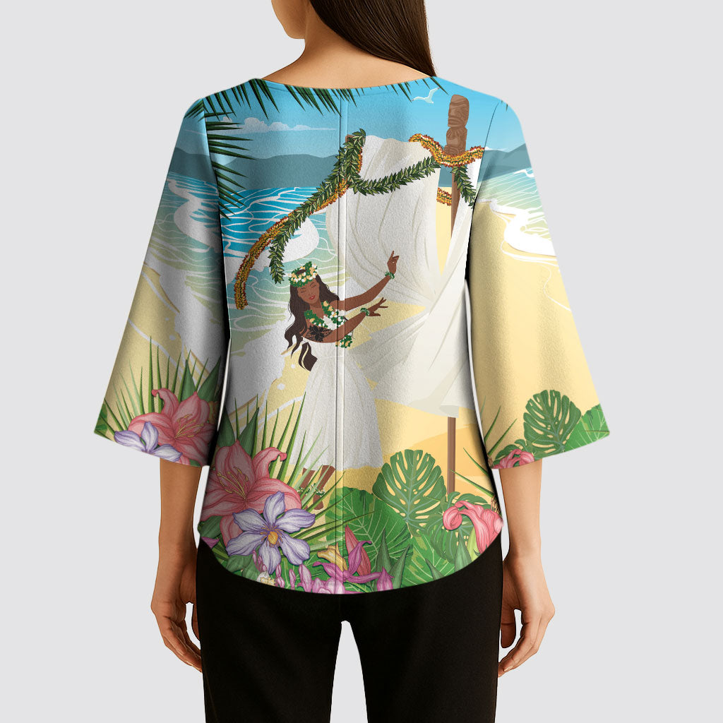 Aloha Hawaii Makahiki Hula Dance Kimono Sleeve Blouse Beach Scenery