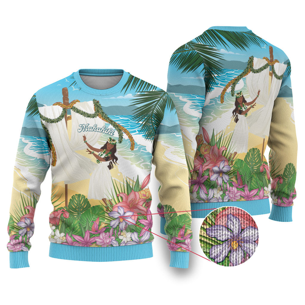 Aloha Hawaii Makahiki Hula Dance Ugly Christmas Sweater Beach Scenery