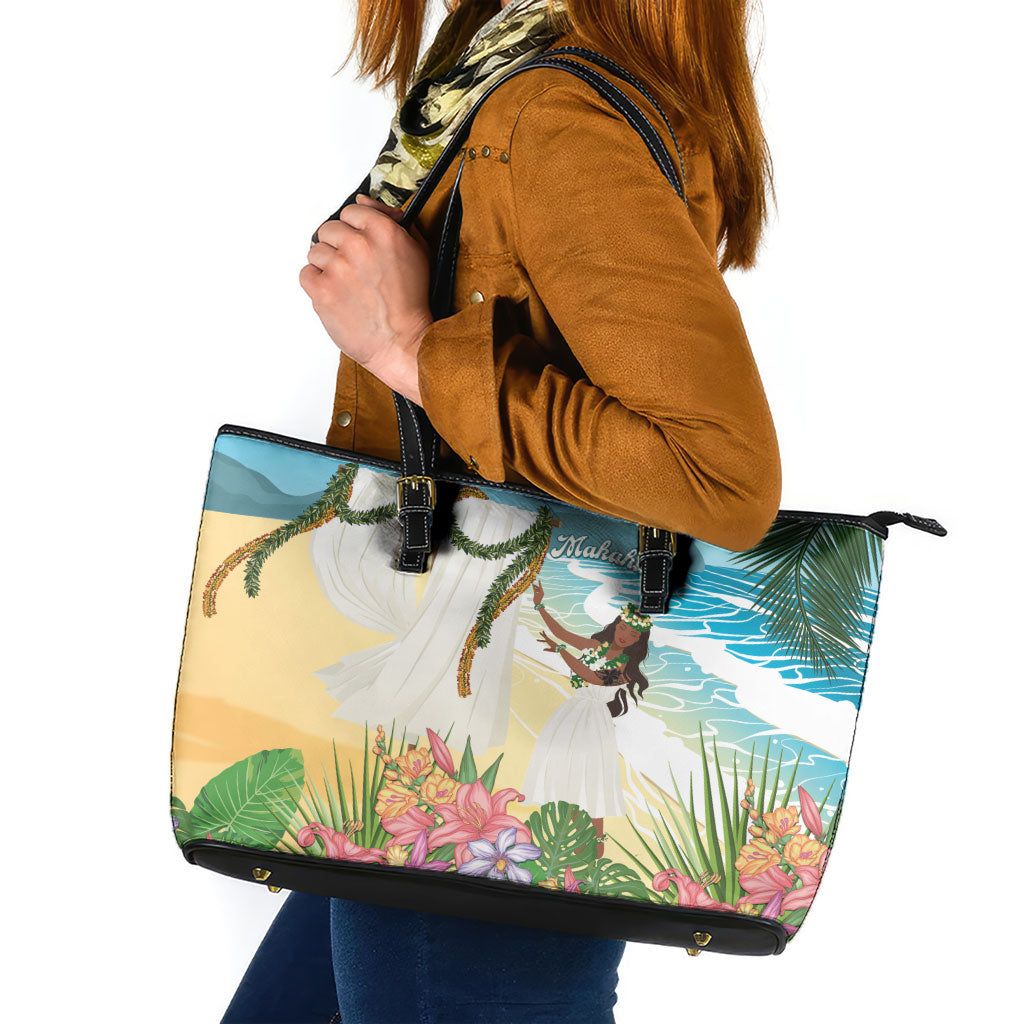 Aloha Hawaii Makahiki Hula Dance Leather Tote Bag Beach Scenery