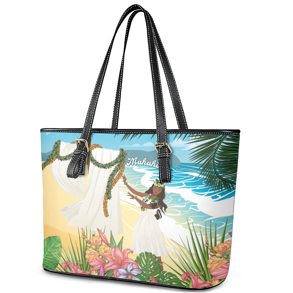 Aloha Hawaii Makahiki Hula Dance Leather Tote Bag Beach Scenery
