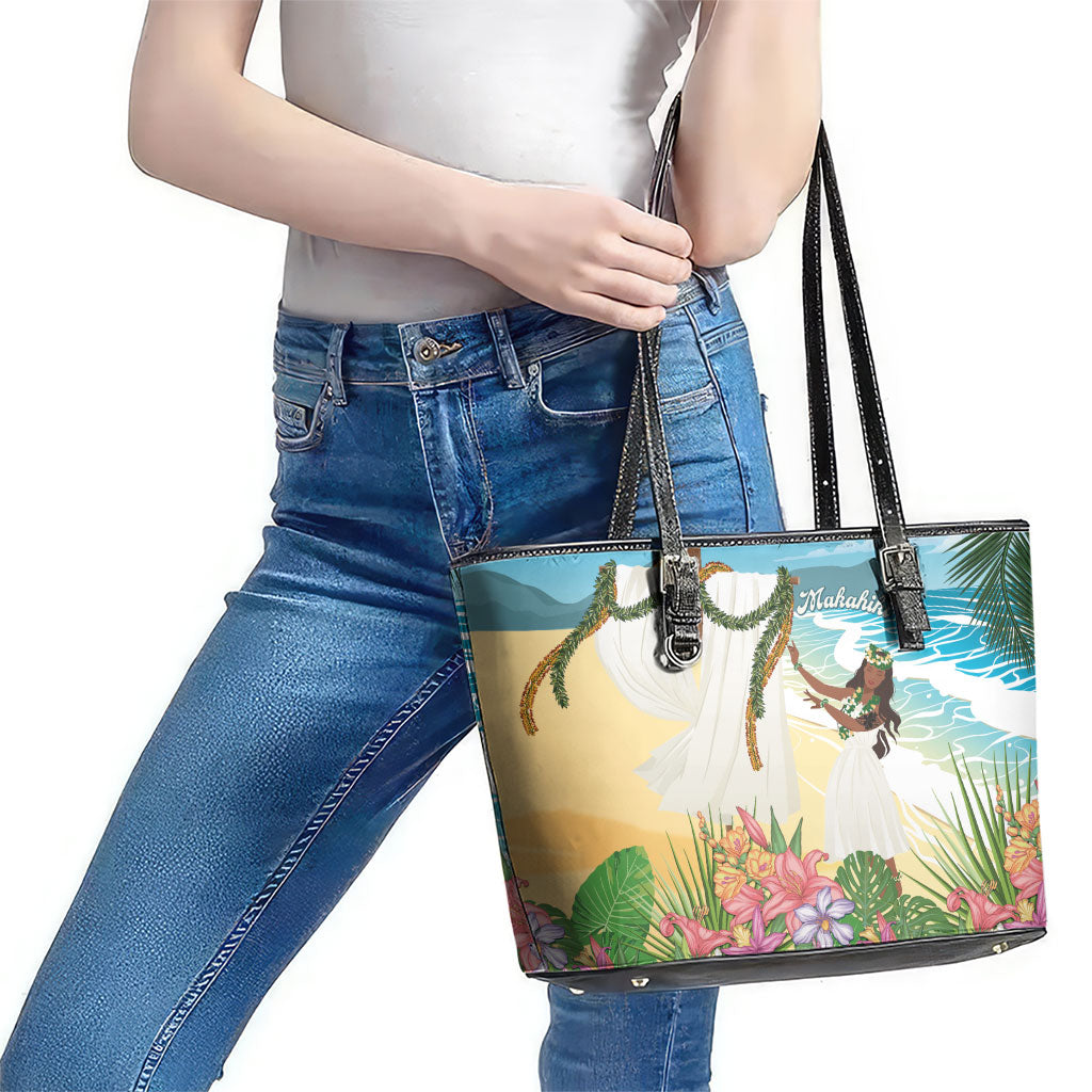 Aloha Hawaii Makahiki Hula Dance Leather Tote Bag Beach Scenery