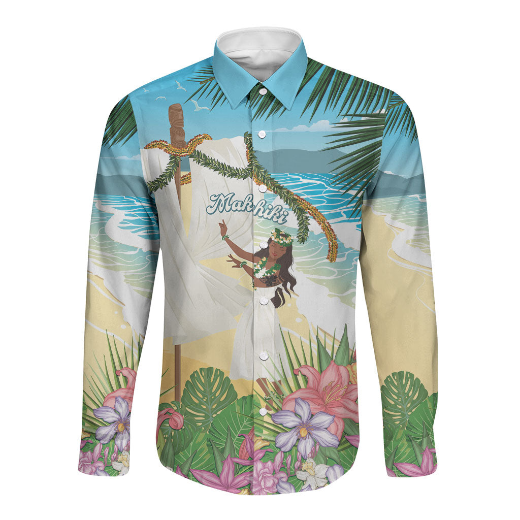Aloha Hawaii Makahiki Hula Dance Long Sleeve Button Shirt Beach Scenery