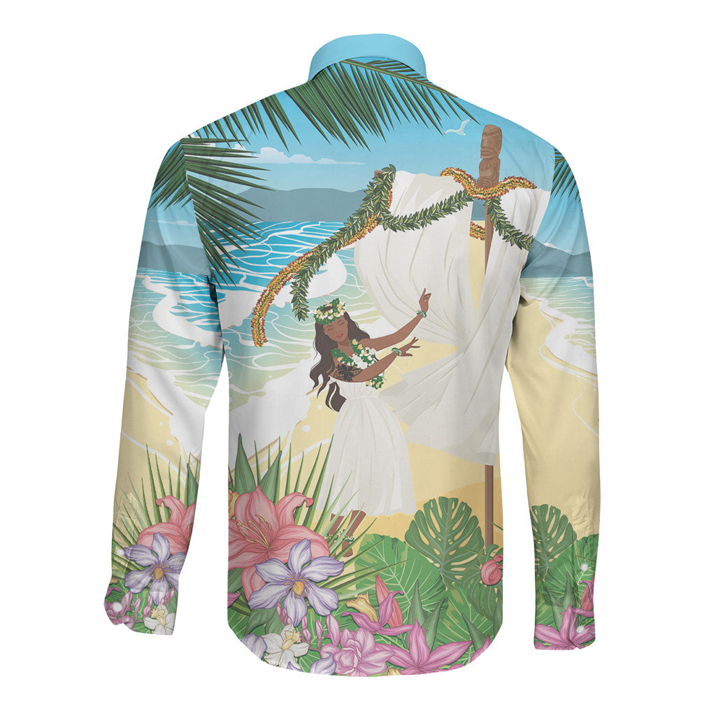 Aloha Hawaii Makahiki Hula Dance Long Sleeve Button Shirt Beach Scenery