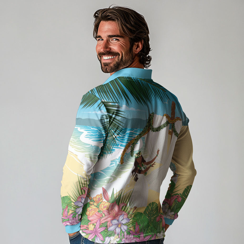 Aloha Hawaii Makahiki Hula Dance Long Sleeve Polo Shirt Beach Scenery LT7 - Polynesian Pride