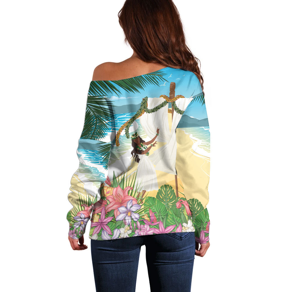 Aloha Hawaii Makahiki Hula Dance Off Shoulder Sweater Beach Scenery LT7 - Polynesian Pride
