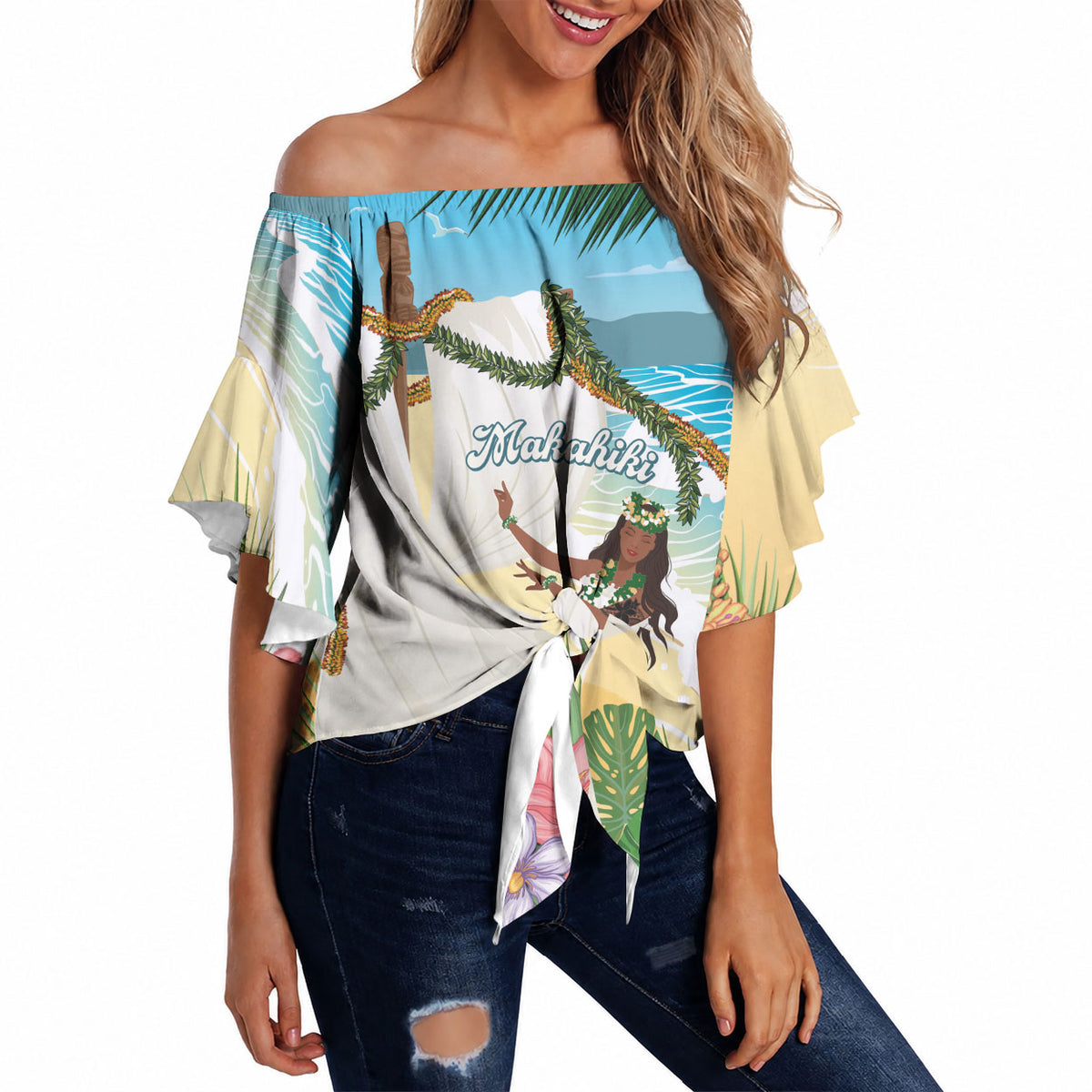 Aloha Hawaii Makahiki Hula Dance Off Shoulder Wrap Waist Top Beach Scenery