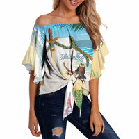 Aloha Hawaii Makahiki Hula Dance Off Shoulder Wrap Waist Top Beach Scenery