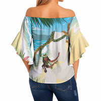 Aloha Hawaii Makahiki Hula Dance Off Shoulder Wrap Waist Top Beach Scenery